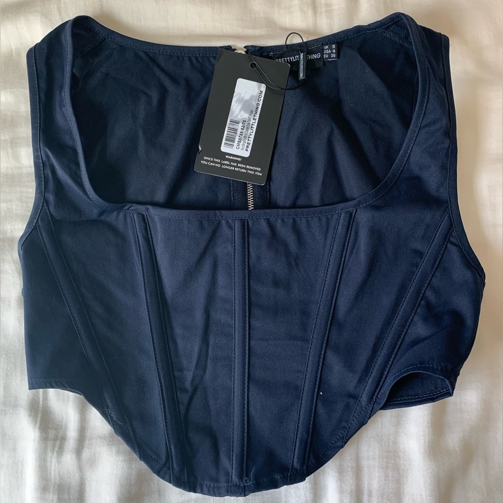 Pretty Little Thing Navy Bengaline Boned Corset Crop Top